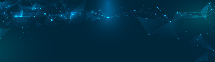 Vector Abstract molecule, internet network connection design for web site. Network Connected lines, dots, technology on blue background. Digital data, communication, cyberspace, futuristic concept