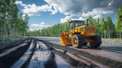 Yellow bulldozer on a muddy road under a blue sky.