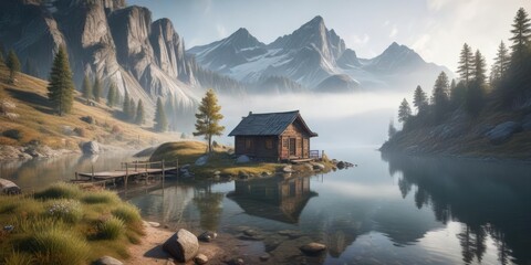 Fototapeta premium misty mountain landscape with a small wooden cabin by the lake , retreat, foggy