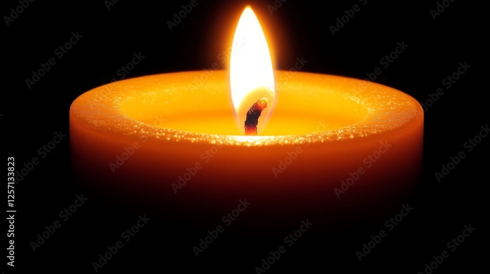 Poster close-up of a flickering candle flame in a dark room, casting soft shadows and creating a cozy ambia