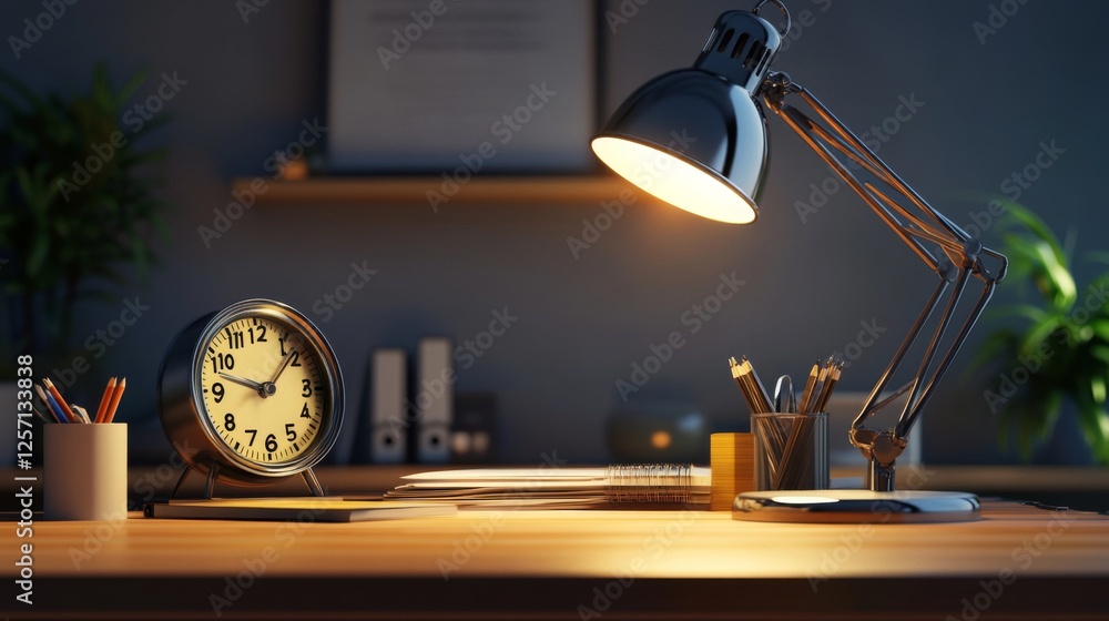 Poster close-up of a minimalist desk with a stylish desk lamp, a simple clock, and a few scattered statione