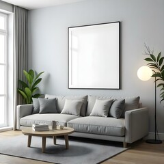 A modern living room featuring a gray sectional sofa with several cushions. A round wooden coffee table is in front of the sofa, adorned with a few books and a cup. To the side, there is a floor lamp 