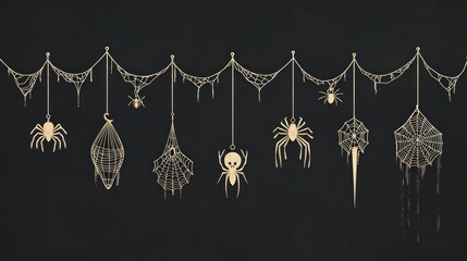 Intricate golden spiderwebs fake cobwebs and spider decorations hanging with dark black grunge 