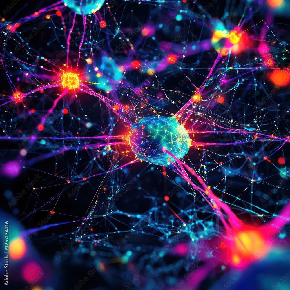 Poster abstract depiction of ai smarts with a colorful neural grid.