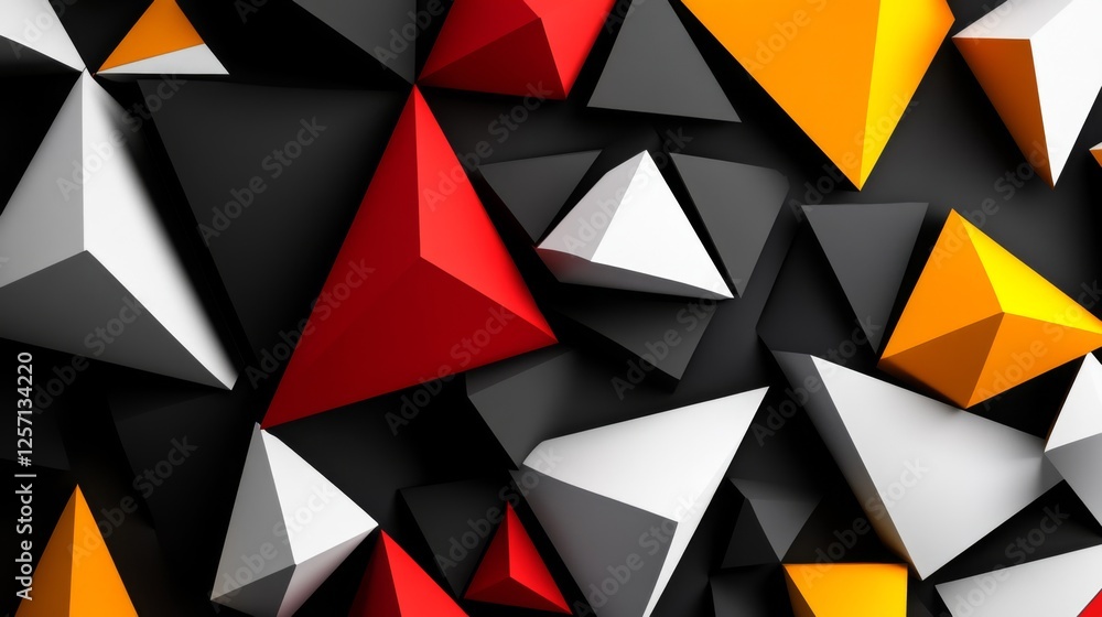 Poster collection of abstract triangle shapes in bold colors, forming a vibrant, layered pattern with depth