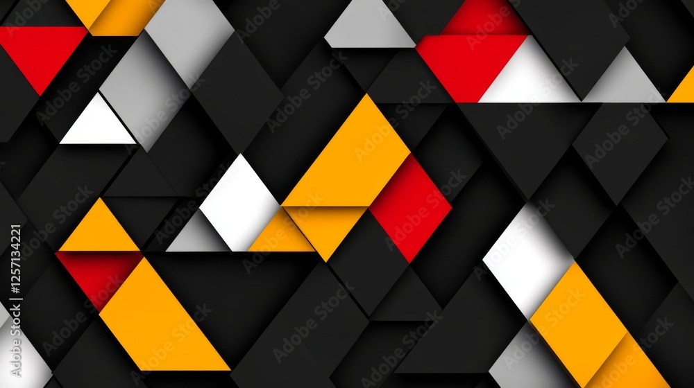 Poster collection of abstract triangle shapes in bold colors, forming a vibrant, layered pattern with depth