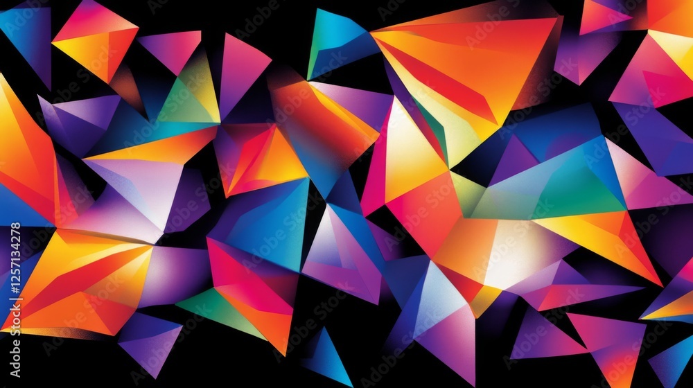 Poster collection of abstract triangle shapes in bold colors, forming a vibrant, layered pattern with depth