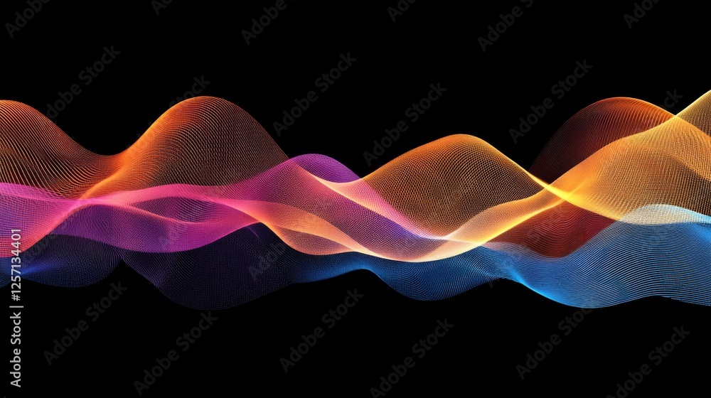 Poster colorful wave patterns with gradient effects, creating fluid, dynamic lines across a black backgroun