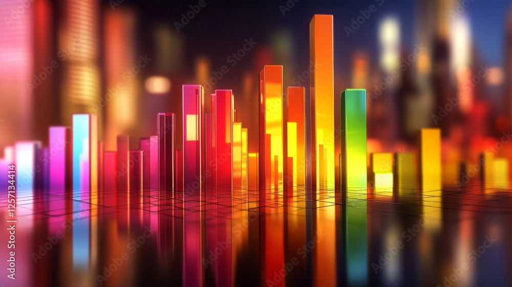 Fototapete colorful d bar graph with tall, transparent bars on a reflective surface, casting shadows and illumi