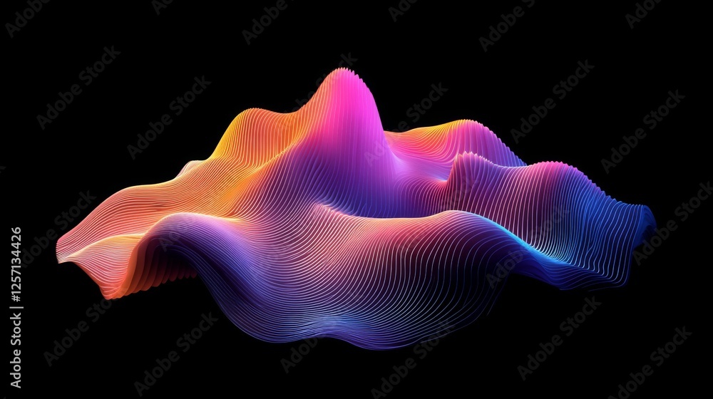 Poster colorful wave patterns with gradient effects, creating fluid, dynamic lines across a black backgroun