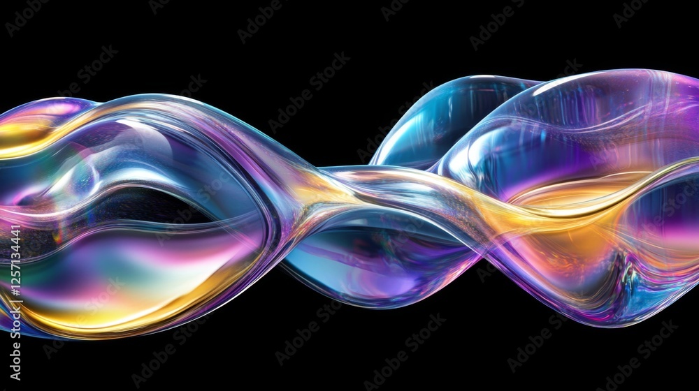 Poster colorful wave patterns with gradient effects, creating fluid, dynamic lines across a black backgroun