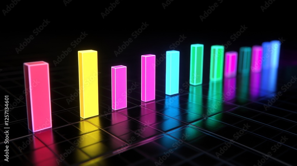 Fototapete dark-themed d bar chart with neon-colored bars and a digital grid base, capturing a futuristic data 
