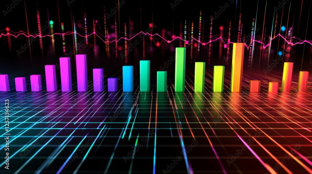 Fototapete dark-themed d bar chart with neon-colored bars and a digital grid base, capturing a futuristic data 