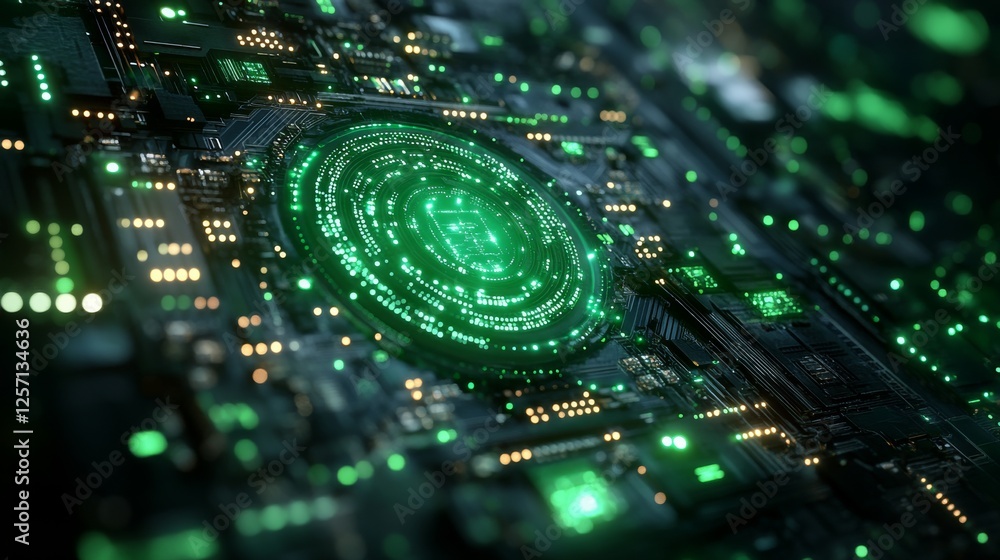 Poster illuminated green circuit board: abstract technology background with futuristic circular design, glo