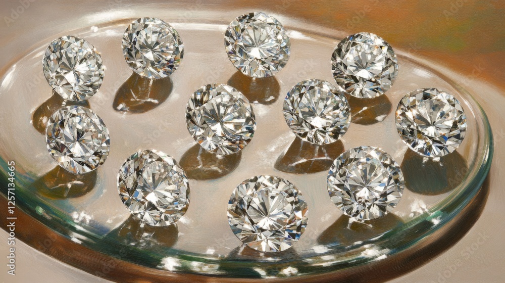 Poster diamonds arranged in a circular pattern on a glass surface, with soft, diffused lighting highlightin