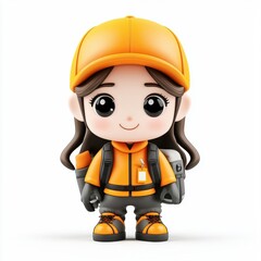 Cute Cartoon Character in Orange Outfit with Cap and Backpack