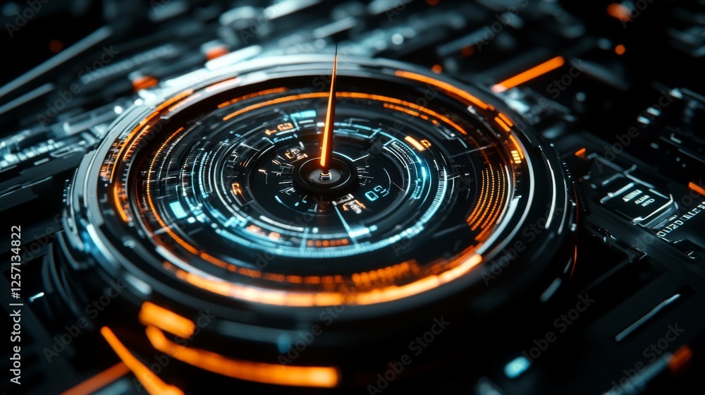 Fototapete futuristic digital speed gauge with glowing lines, needle pointing to maximum, set against a dark hi