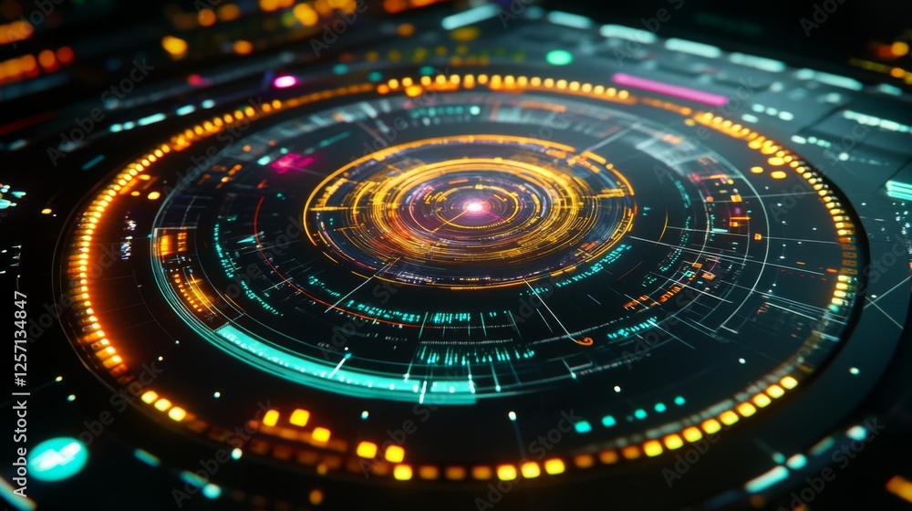 Leinwandbilder Futuristic radar-style circular graphic with bright neon lines and rotating elements on a dark tech-inspired background