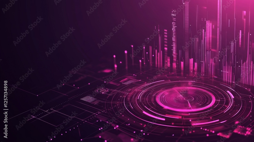 Fototapete futuristic radar-style circular graphic with bright neon lines and rotating elements on a dark tech-