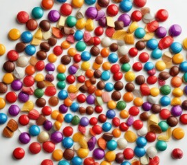 Multi-colored chocolates and candies arranged in a circular pattern on a white surface with individual wraps made of colored foil, confectionery, arrangement