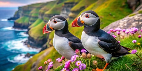 Two Puffins on Coastal Cliffs Surrounded by Colorful Flowers