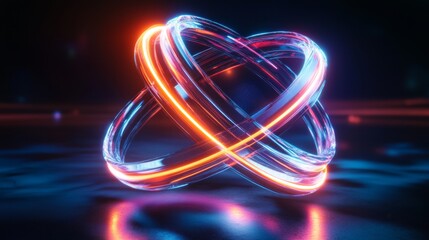 Futuristic radar-style circular graphic with bright neon lines and rotating elements on a dark tech-inspired background