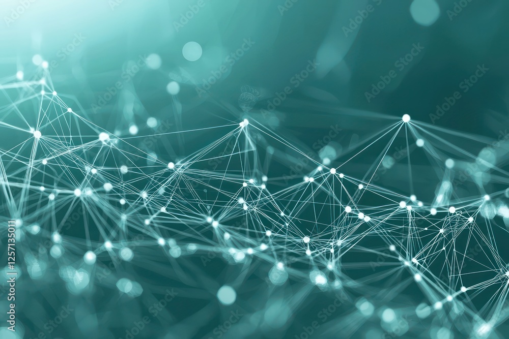 Poster connected dots in teal form abstract pathways visualizing futuristic data.