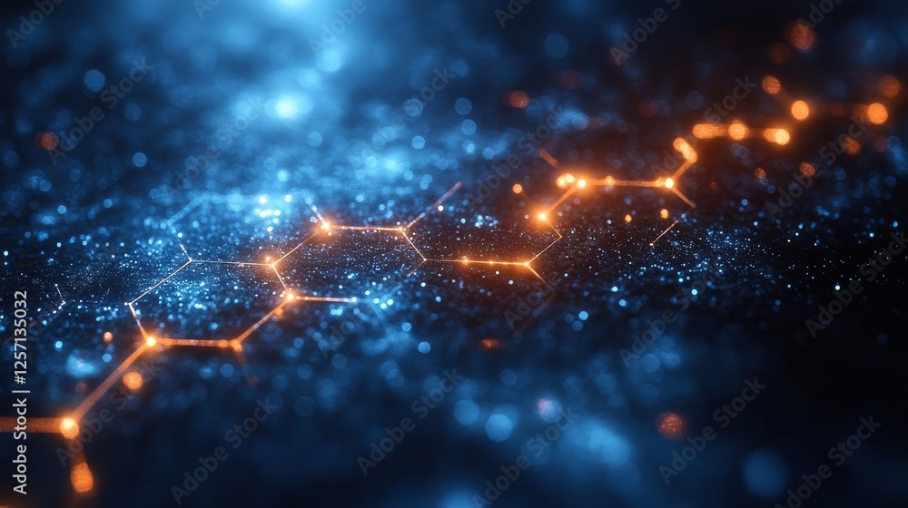 Leinwandbilder illuminated network: glowing hexagonal connections against a blurred blue particle background, repre
