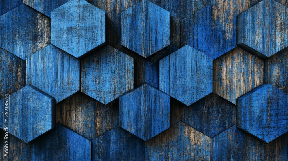 Aufkleber Hexagonal geometric patterns in cool blue tones, layered with shadows and textures for a modern, tech-inspired graphic background