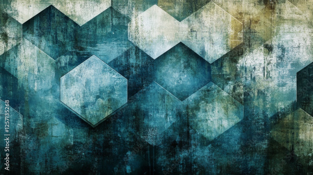 Poster hexagonal geometric patterns in cool blue tones, layered with shadows and textures for a modern, tec