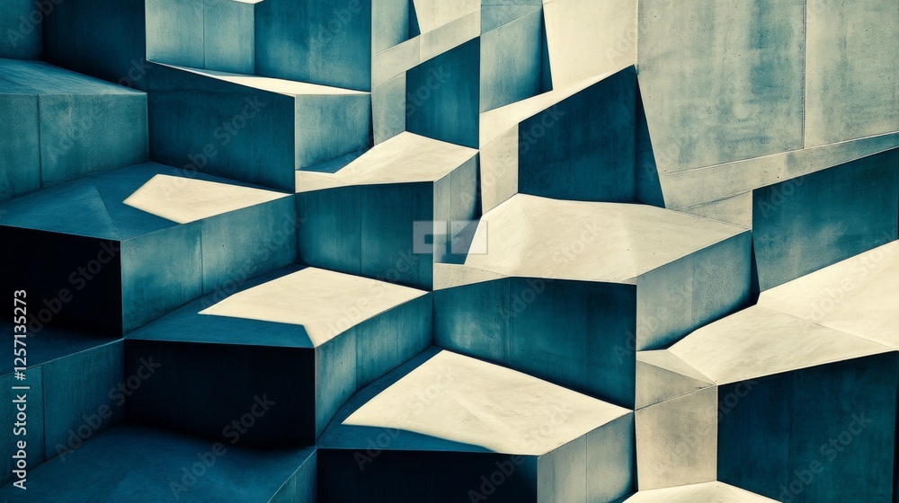 Poster hexagonal geometric patterns in cool blue tones, layered with shadows and textures for a modern, tec