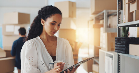 Woman, box and writing on clipboard for distribution of checklist, inventory report and stock...