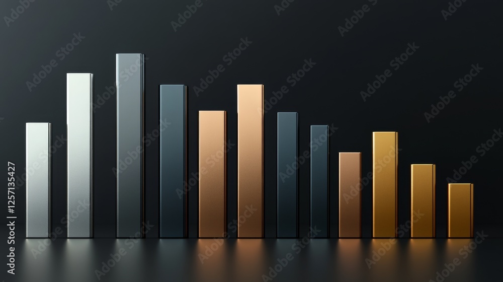 Poster metallic d bar graph with gold, silver, and bronze bars, arranged in a staggered pattern for a premi