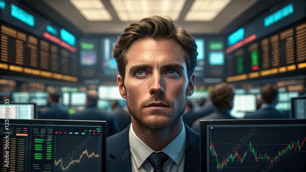 Poster focused trader on the stock exchange floor