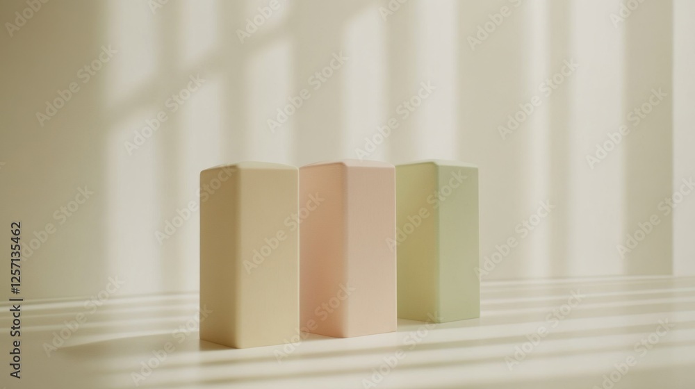 Fototapete minimal d bar graph in pastel colors, with shadows cast across a white background, creating a soft a