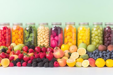 Row of glass jars filled with assorted fruits including berries citrus and tropical varieties
