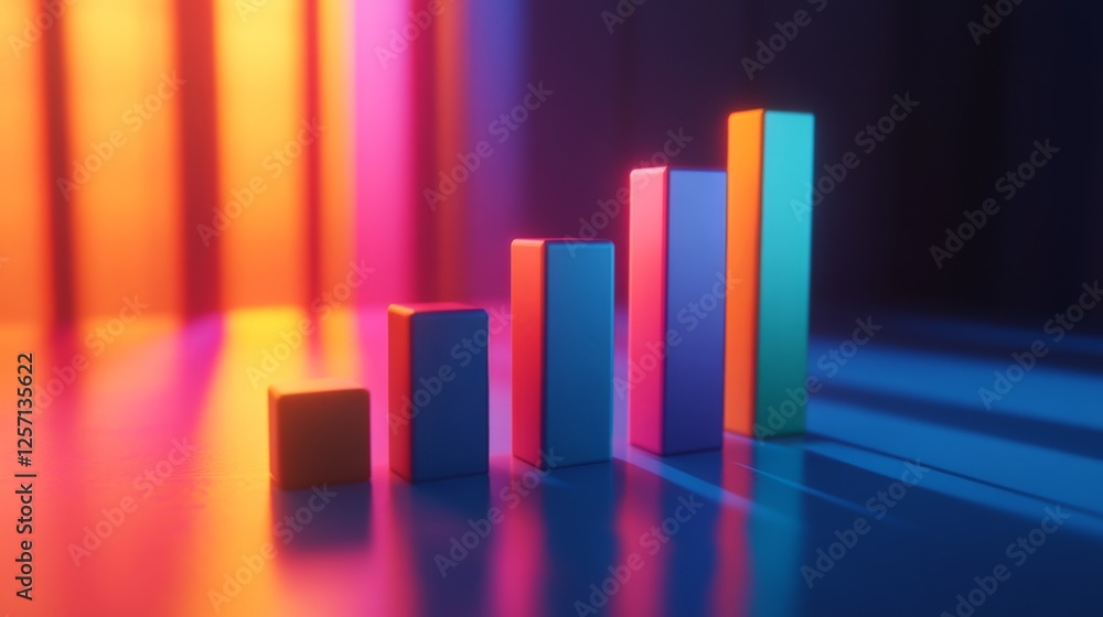 Poster multi-colored d bar graph on a glossy surface, with each bar casting distinct shadows, giving a shar