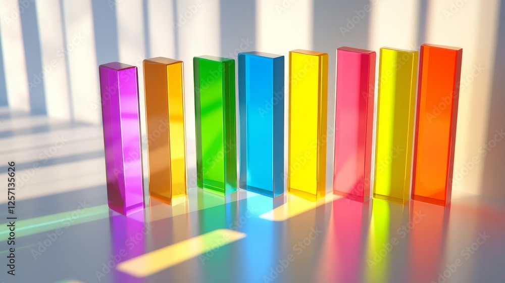 Poster Multi-colored D bar graph on a glossy surface, with each bar casting distinct shadows, giving a sharp, vibrant appearance