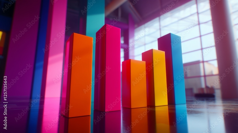 Poster multi-colored d bar graph on a glossy surface, with each bar casting distinct shadows, giving a shar
