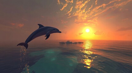 Silhouette of a dolphin jumping during sunset, with warm colors in the sky and golden reflections on the ocean