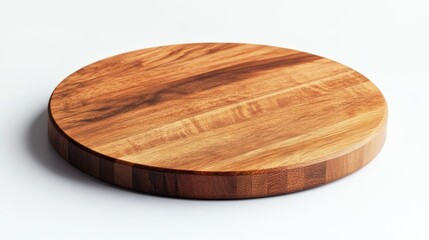 Round wooden cutting board on white background, food preparation