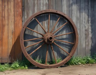 Obraz premium Old rusty iron wheel leaning against weathered metal shed, old, wheel