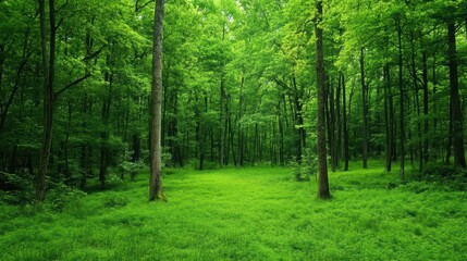 Fototapeta premium Lush Green Forest with Vibrant Foliage and Sunlit Clearing