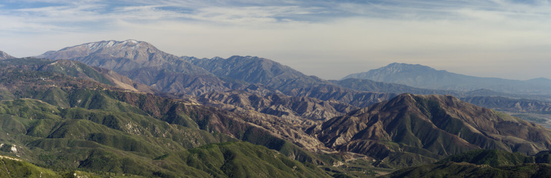 San Bernardino Mountains range panorama, looking east. Shown in San Bernardino County, California. Date, February 9, 2025.