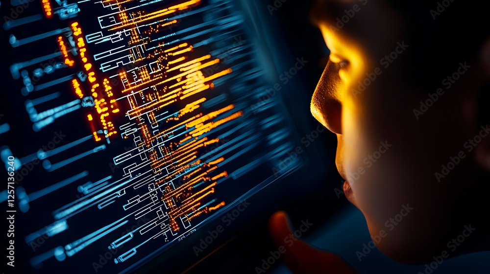 Poster young person analyzing complex data patterns on a computer screen in a dimly lit room