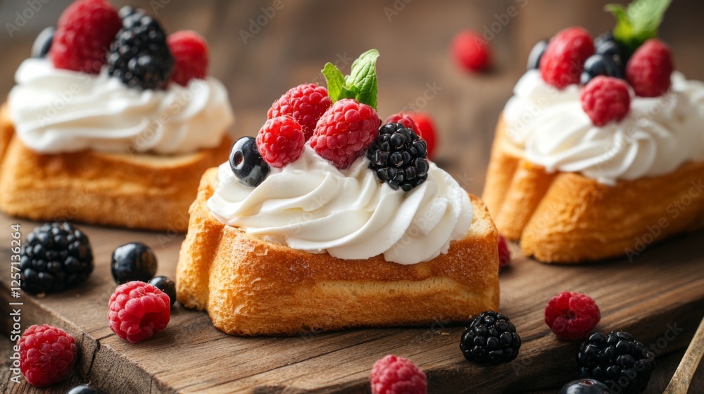 Aufkleber Toasted brioche topped with whipped cream and berries, creating a delightful and inviting brunch setup on a rustic table