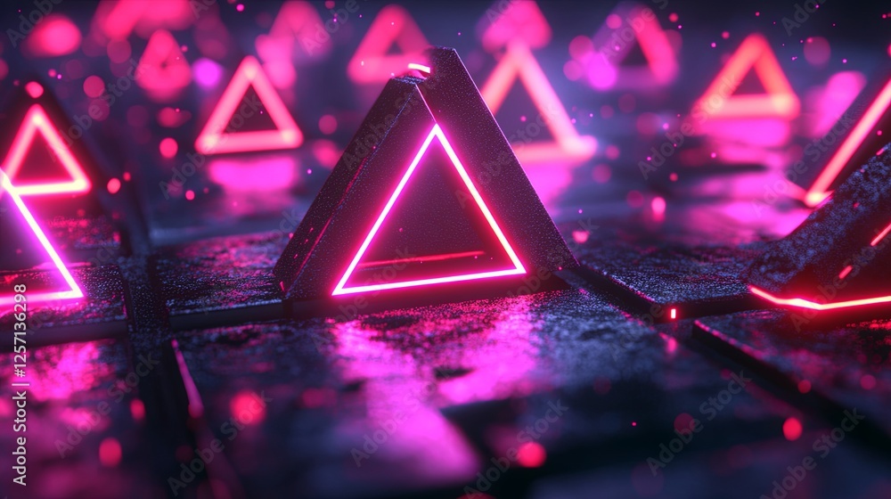 Poster neon triangles illuminated on a dark surface create a futuristic and vibrant atmosphere with glowing