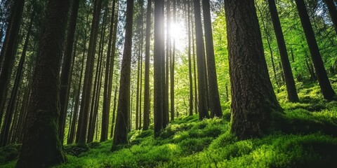 Fototapeta premium Sunlight Filtering Through Tall Trees in Lush Green Forest