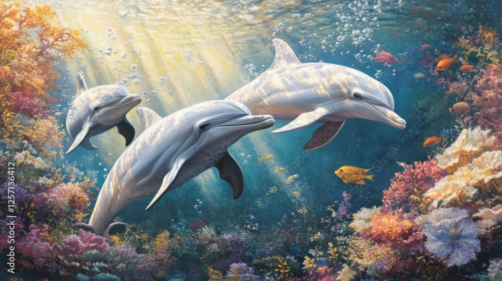 Poster underwater view of dolphins gliding through sunlit water, creating a calm and magical scene in their