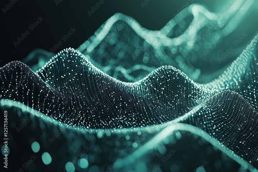 Poster low-polygonal backgrounds and wave-shaped networks visualize big data.